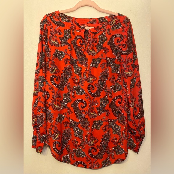 LOFT  Red Paisley Boatneck Long Sleeve Blouse Womens Medium - Picture 6 of 8